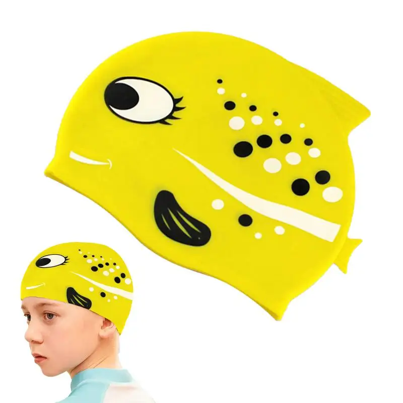 

Youth Swim Hat Cartoon Youth Swim Turban Spotted Fish Pattern Silicone Bathing Hair Hat Flexible Cute Training Waterproof Hat