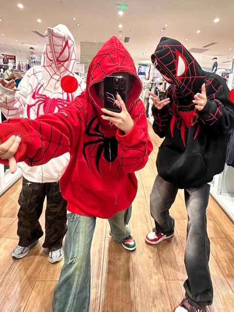 2023 New Hot Spider Man Hip Hop Hoodie Spider Web Joker Shirt Women men Printed Full Zipper Punk Clothes Loose Couple Coat Gift AliExpress