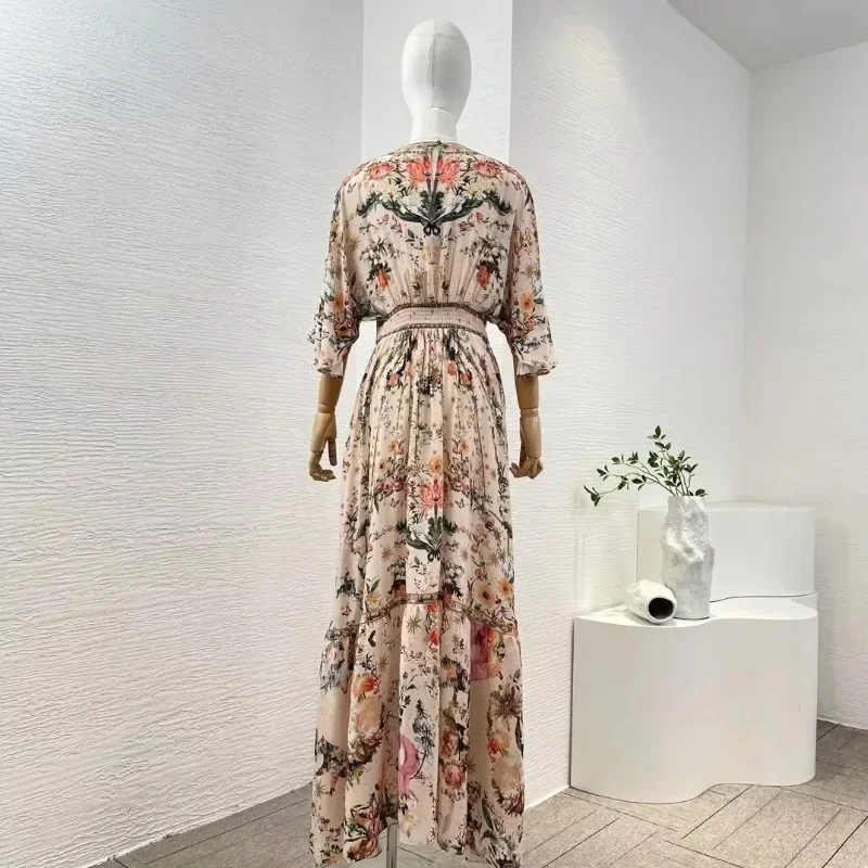 Silk Midi Dress with Lotus Pink Floral Print 3/4 Sleeve V-Neck Diamonds Pressed Stretchable Waist at Back Summer