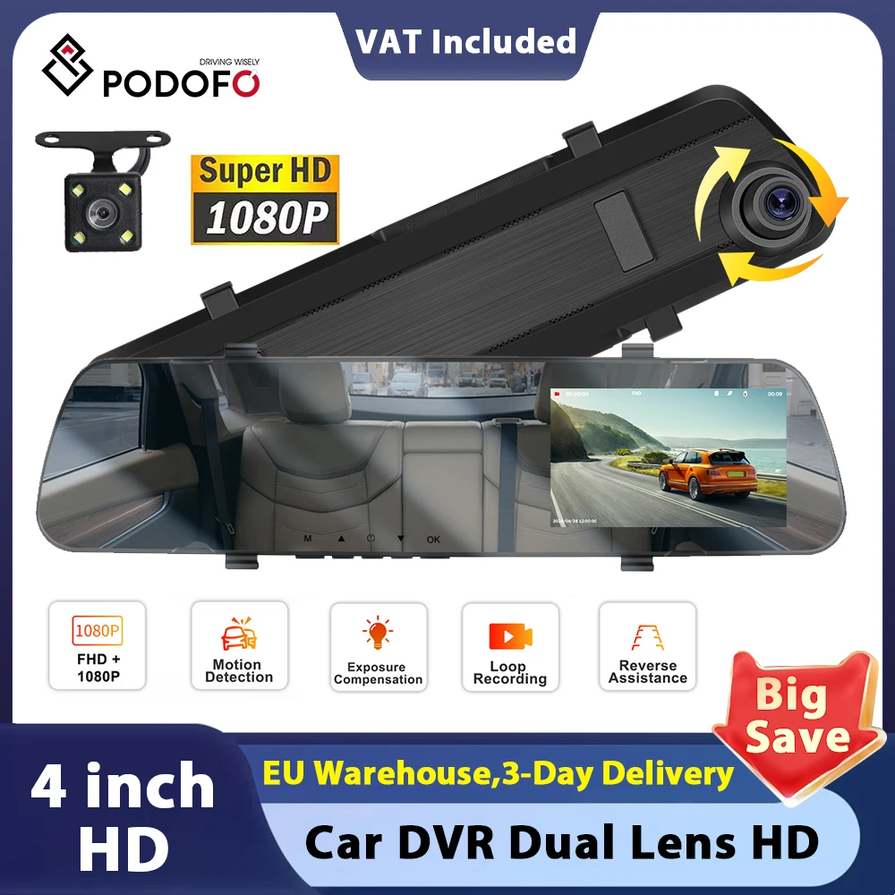 Podofo 4 Car DVR Dual Lens Mirror Camera Registratore per auto con specchietto retrovisore posteriore 480P Dash Cam Telecamera anteriore e posteriore