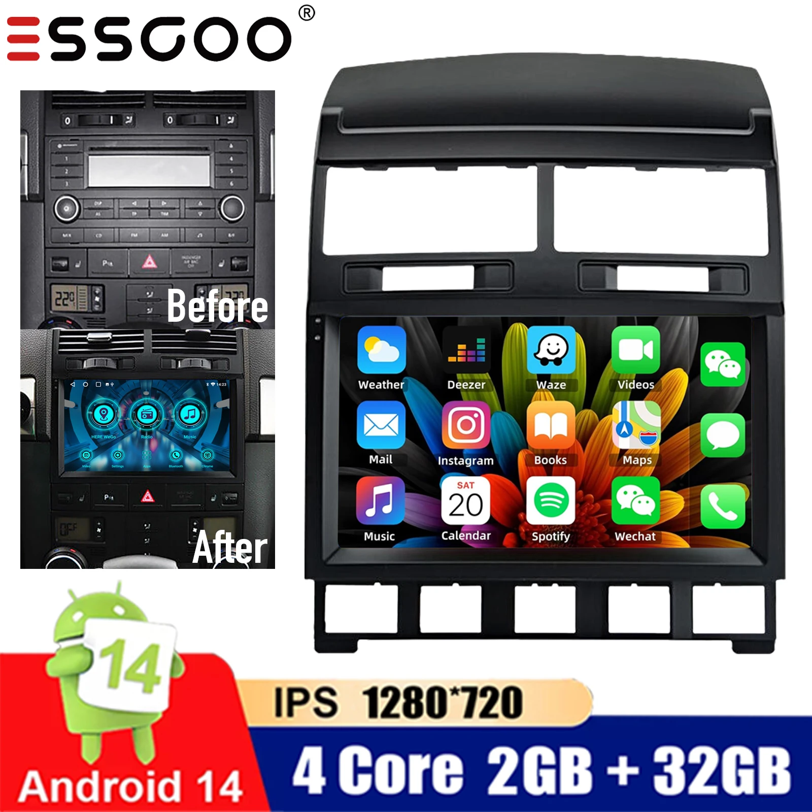 

2 + 32G 9 "Android 14 для VW Touareg 2003-2010 Автомобильная стереосистема Apple Carplay GPS-навигация WiFi Bluetooth FM/RDS головное устройство Радио SWC