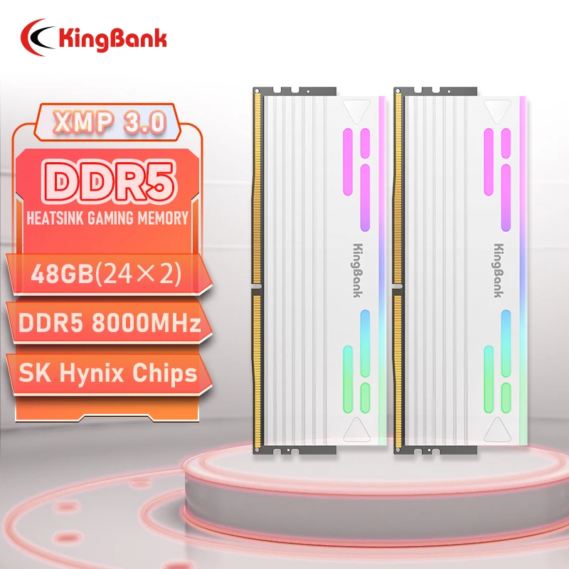 

KingBank DDR5 24 ГБx2 RGB Memoria Ram 24 ГБ 8000 МГц CL38 DIMM Оперативная память для настольных игр с белым радиатором Hynix M die
