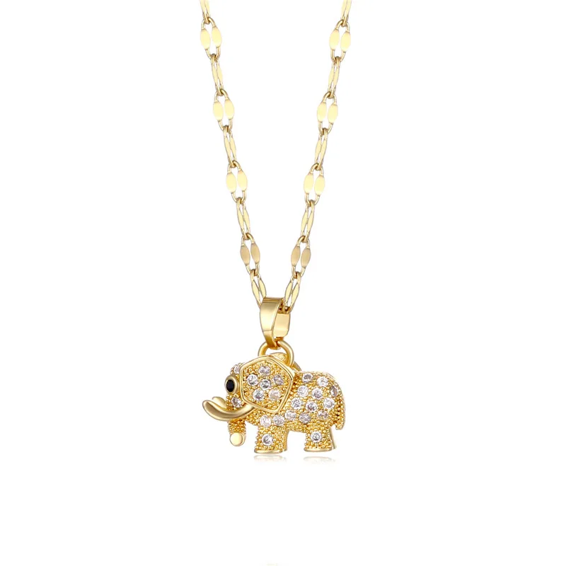 Colar de elefante banhado a ouro 18k para mulheres, jóias de aço inoxidável, bling, zircão, animal de alta qualidade