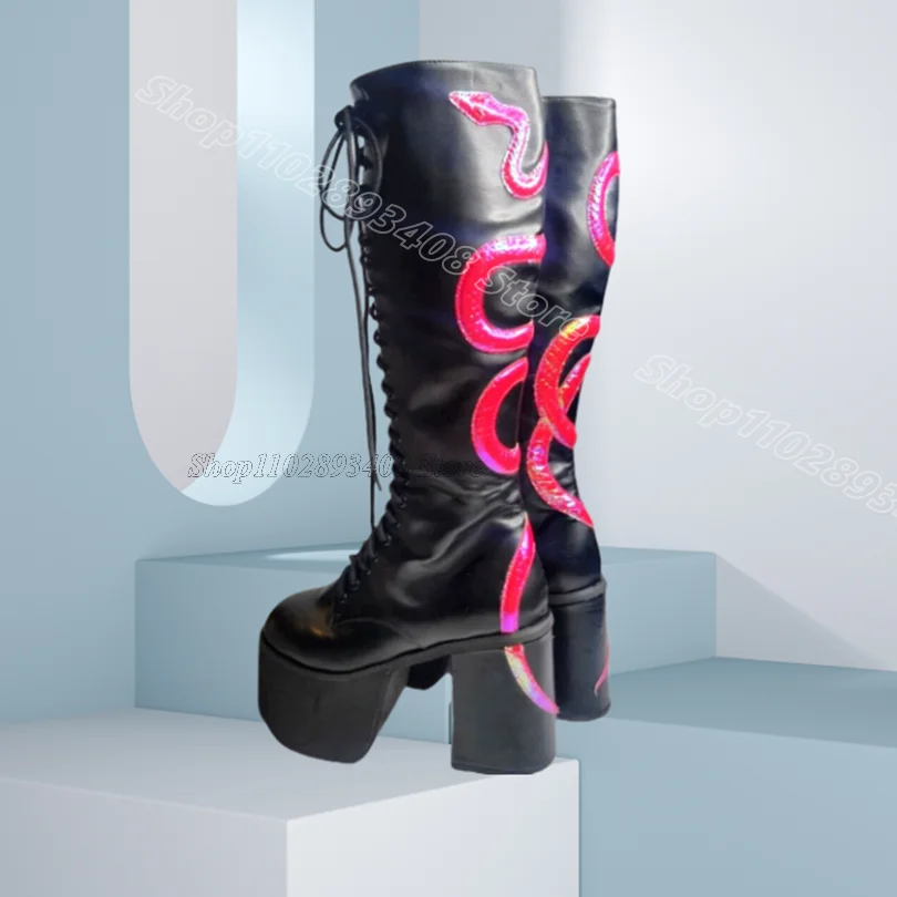 

Black Splical Pattern Lace up Boots Platform Chunky Heels Punk Style Women Casual Party Fall Knee Boots 2025 Zapatos Para Mujere