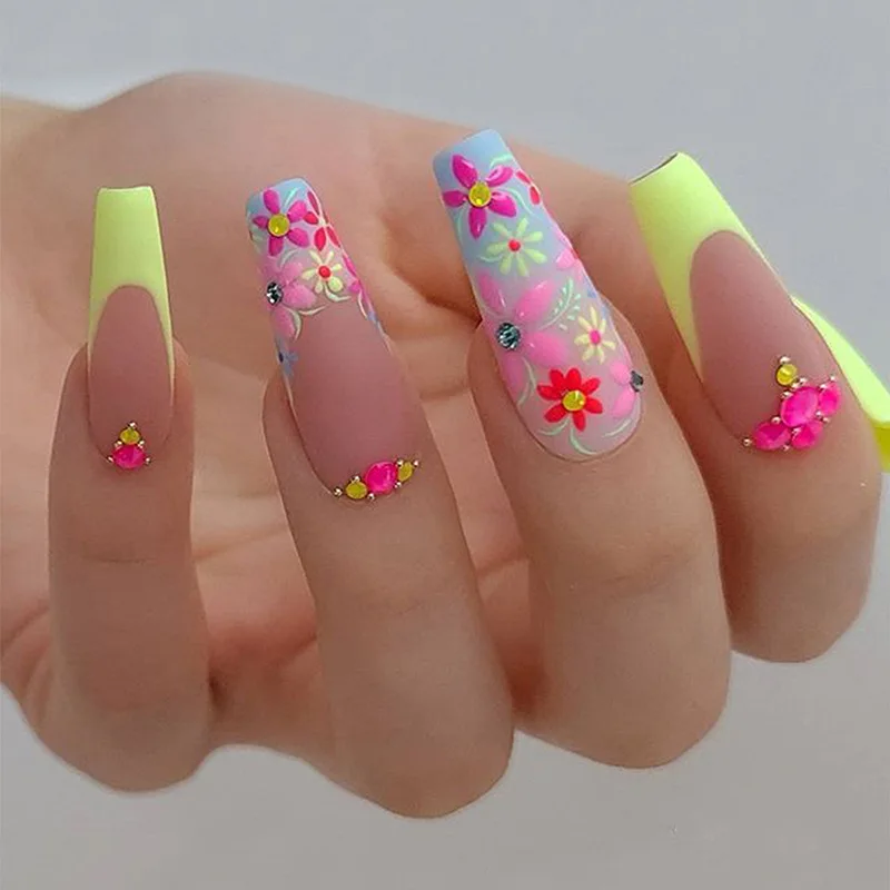 

3D fake nails for summer season colorful flowers with diamond designs long french coffin tips faux ongles press on false nail