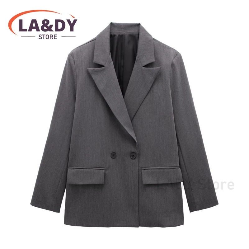 Blazer Women 2024 Spring Autumn Fashion Loose Double-Breasted Suit Coat Female Solid Color Casual Long Sleeve Outerwear Tops