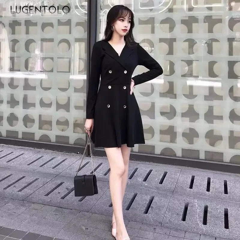 Women Sexy Trench Dress Double Breasted Slim Big Swing Black Lady Elegant Loing Sleeve Autumn New Fashion Short Clothing