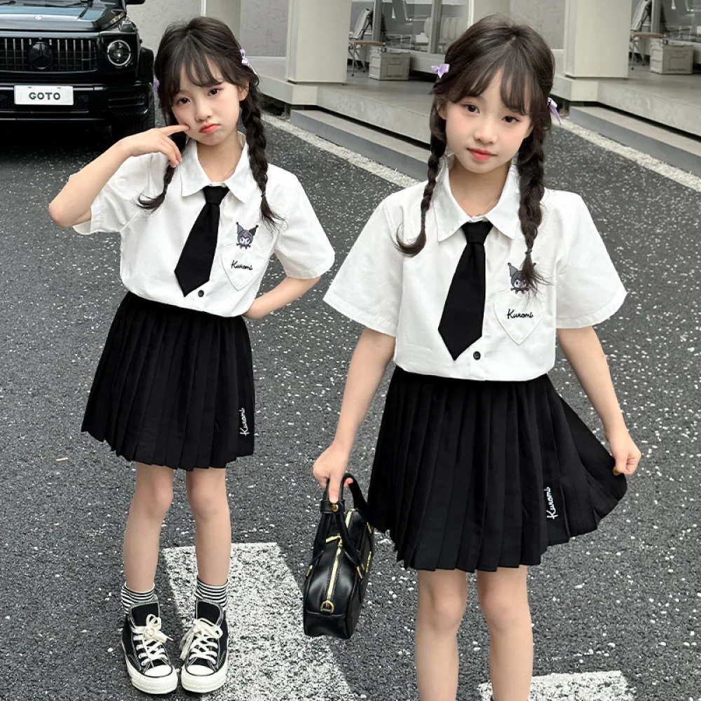 

Anime Sanrio Kuromi Girls College Style JK Skirt Cartoon Cute Short Sleeve Shirt Skirt Suit Summer Kids Princess Dress Uniform