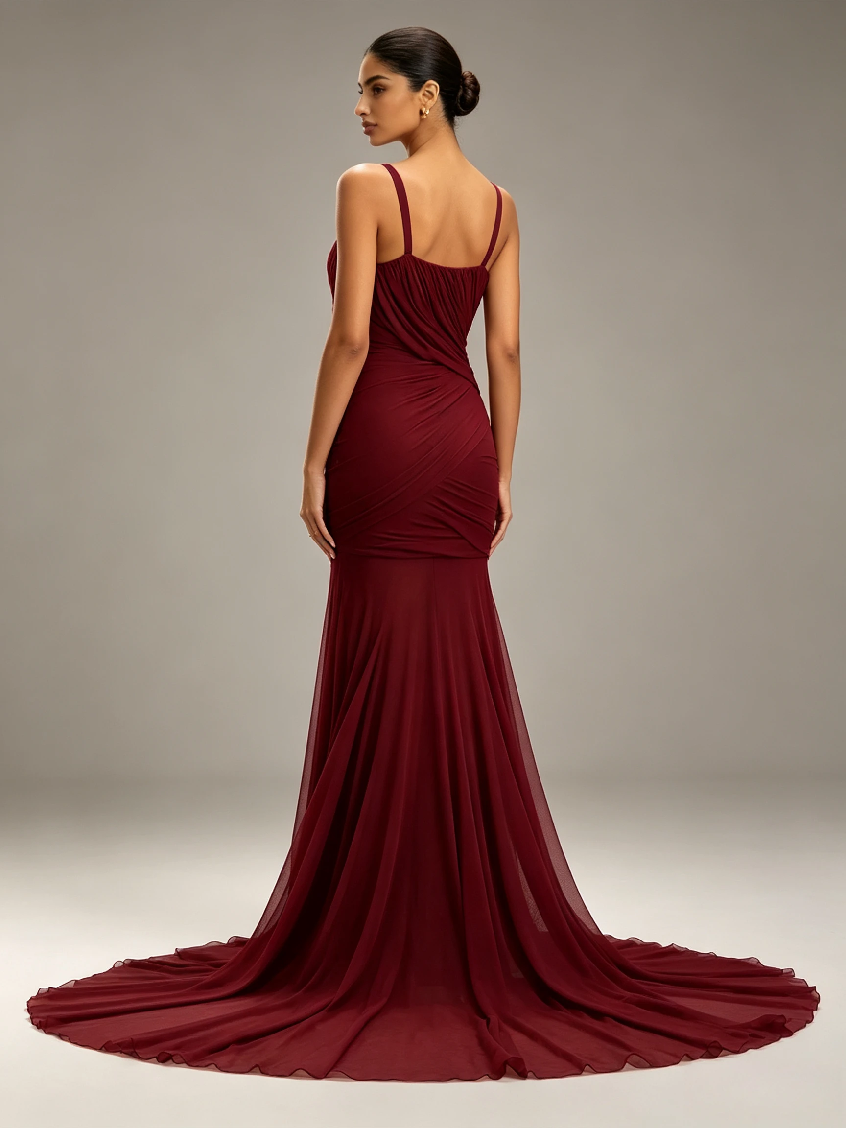 Customized Burgundy V Neck Maxi Dress Women Sleeveless High Waist Ruched Sheer Patchwork Elegant Arab Party Evening Gown