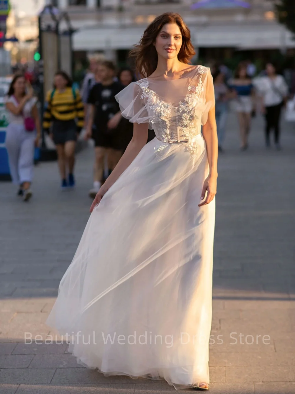 Vestidos De Novia elegantes con cuello en V sin mangas, Apliques De encaje, tul, línea A, vestido De tren De barrido