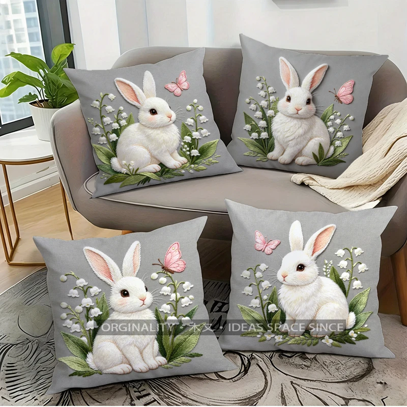 Cute Rabbit Lily of the Valley Decorative Throw Pillow Covers Pattern Cushion Cover Suitable for Sofa Bedroom Car Pillow Cover