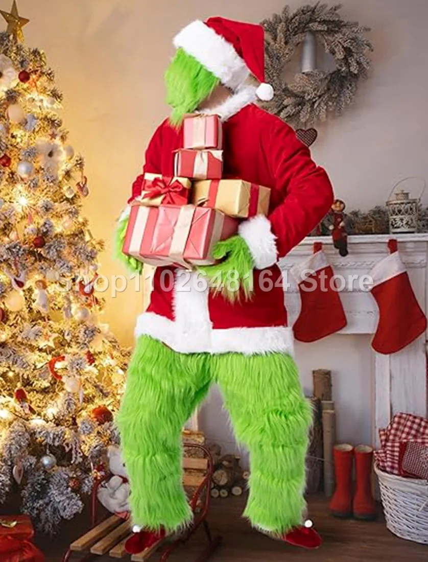 

Christmas Men's Adult Green Long Hair Costume Role Playing Santa Claus Set Makeup Ball Stage Performance Costume