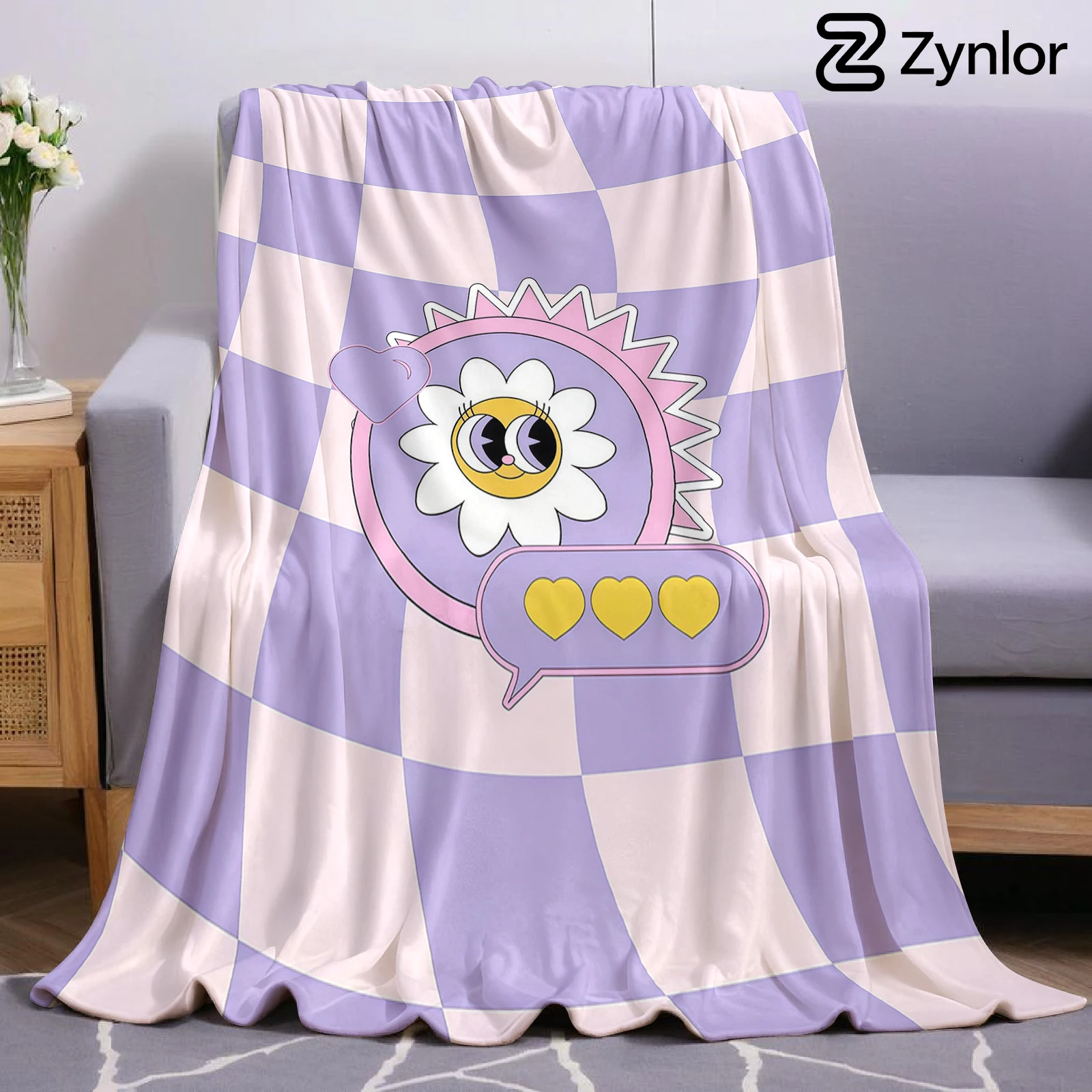 Warp Check Daisy Cartoon Anime Print Flannel Blanket Soft Warm Throw for Kids Bedroom Sofa Bed Christmas Office Car