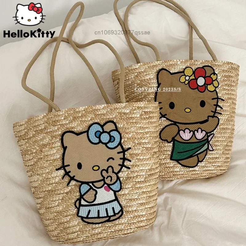 

Homemade Hello Kitty Woven Straw Shoulder Bags Women's Summer Vacation Large Capacity Grass Woven Handheld Stroage Bag