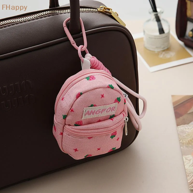 Chic Strawberry Print Mini Wallet Coin and Money Bag with Keychain, Included Backpack Storage for Earphones