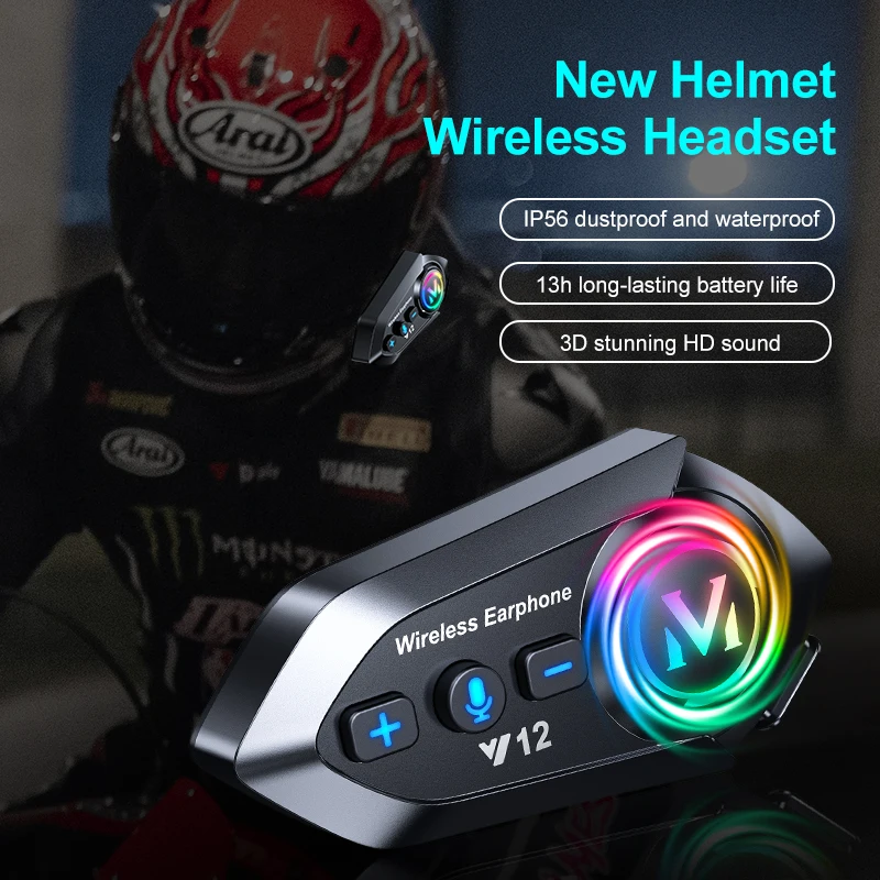 Bluetooth Helmet Headset Motorcycle AI Voice Control Waterproof Smart Noise Reduction 160H Extended Battery RGB Light
