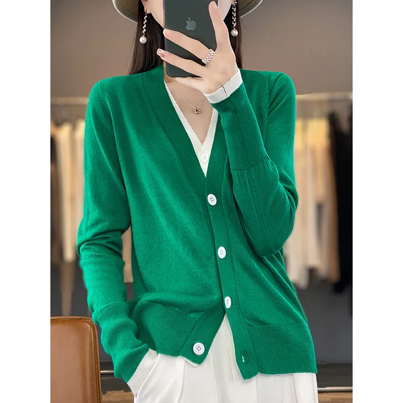 Thin Color Matching Worsted Wool Cardigan Female V-Neck Long-Sleeved Sweater Fake Two-Piece Sweater Coat Single-Breasted Coat