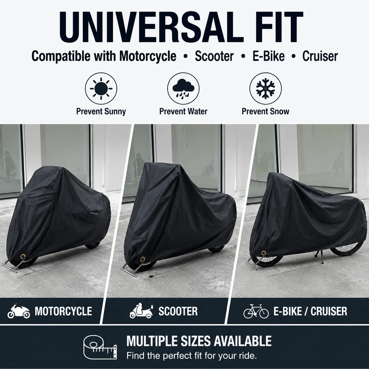 190T Polyester Motorcycle Cover All Weather Waterproof UV Dust Wind Protection Lock Hole Elastic Hem Fit Motorbike Scooter E-Bik
