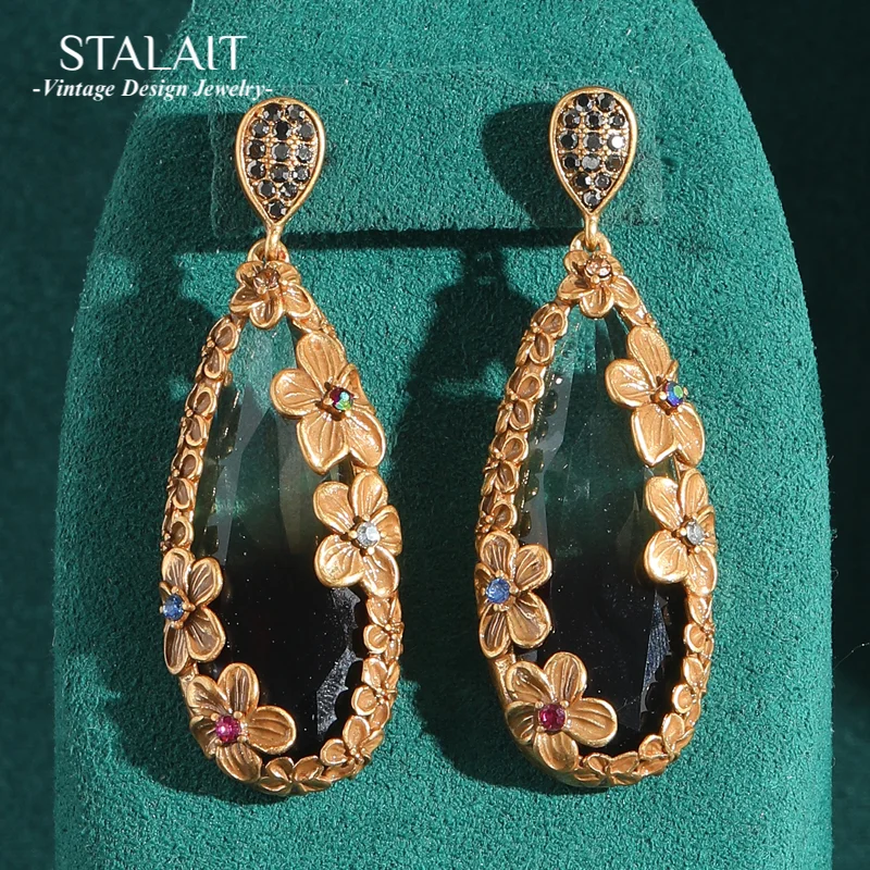 

Vintage Jewelry Drift Bottle Drop Earring Relief Flower Antique Gold Color Nature Transparent Gradient Glass Woman Accessories
