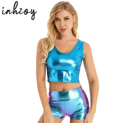 Womens Metallic Shiny Club Outfits Pole Dance Clothes Sexy Rave Festival Hot Pants Shorts Racer Back Crop Top Set Party Clubwear