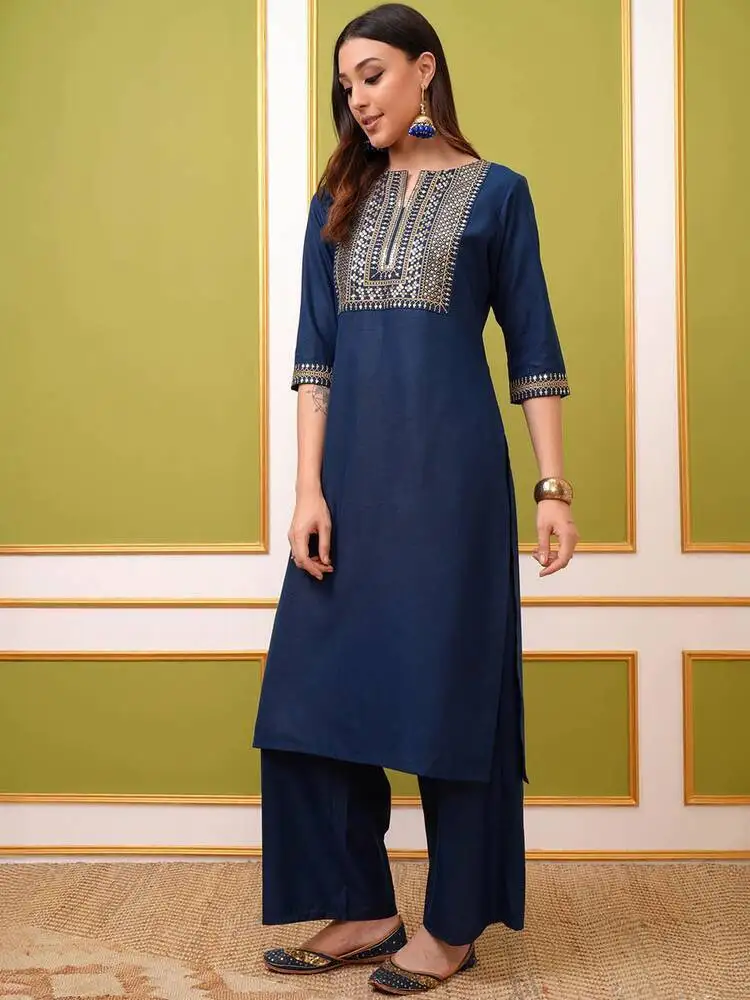 Indian Women's Clothing Nepal Unique New Blue Indian-Pakistani Style Round Neck Cotton Blend Embroidered Spring Summer Set