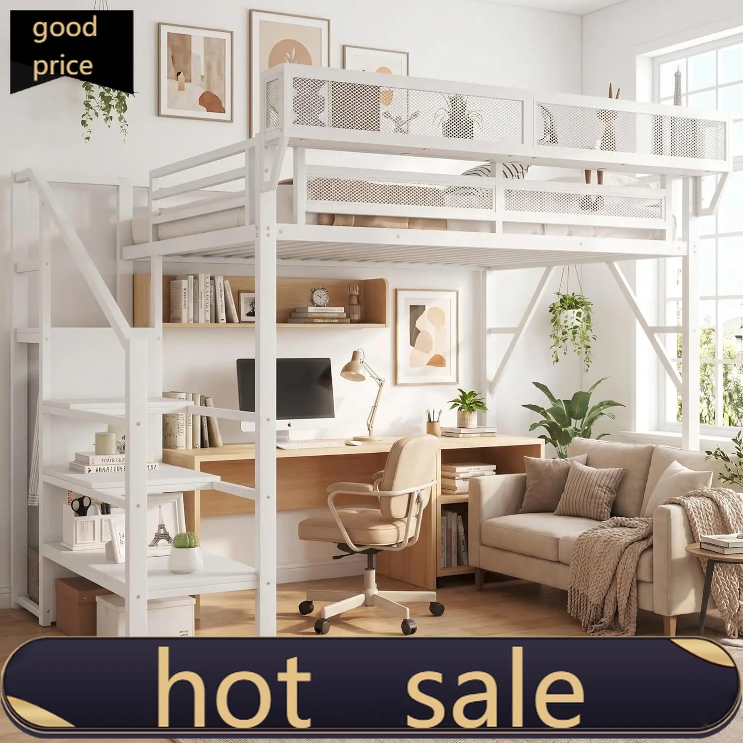 Mirightone Twin Size Loft Bed with Stairs and Storage, Metal Loft Bed Frame with A Shelf and Large Under-Bed Space, Heavy-Duty L