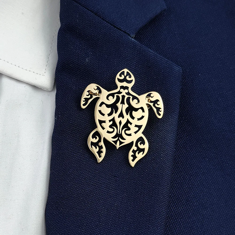 Punk style hollow Tai Chi turtle stainless steel gold-plated 18K brooch, black suit accessories, wedding matching set