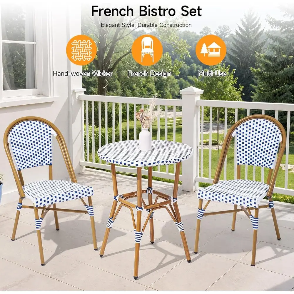 French Wicker 3-Piece Outdoor Bistro Set with Table and Chairs, Durable Aluminum Frame, Weather-Resistant, Ideal for Patio, Porc