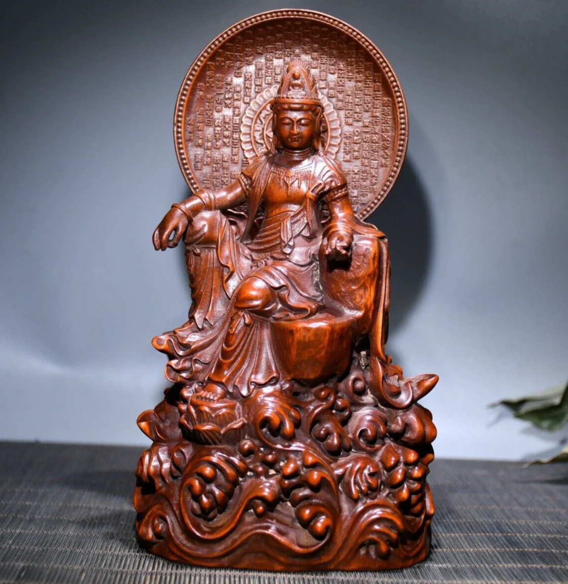 Collectable Chinese Boxwood Carved Heart Sutra Kwan-yin Ornament Statues 106258