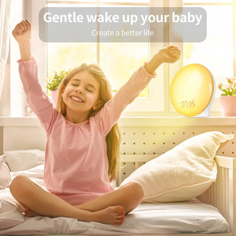 Sunrise Wake Up Light with Dual Alarms FM Radio 7 Colorful ARGB Lights 20 Brightness Levels 7 Natural Sound Effects 3 Scene Mode