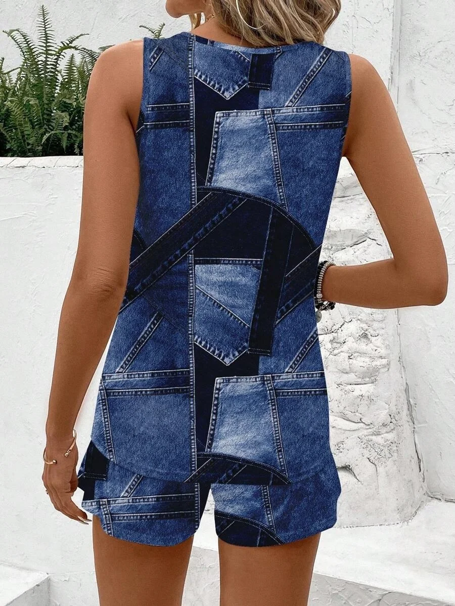 Women's Casual Faux Denim Sports Two-Piece Set - Faux Denim Sleeveless Vest and Faux Denim Shorts Set, Suitable for Everyday Wear