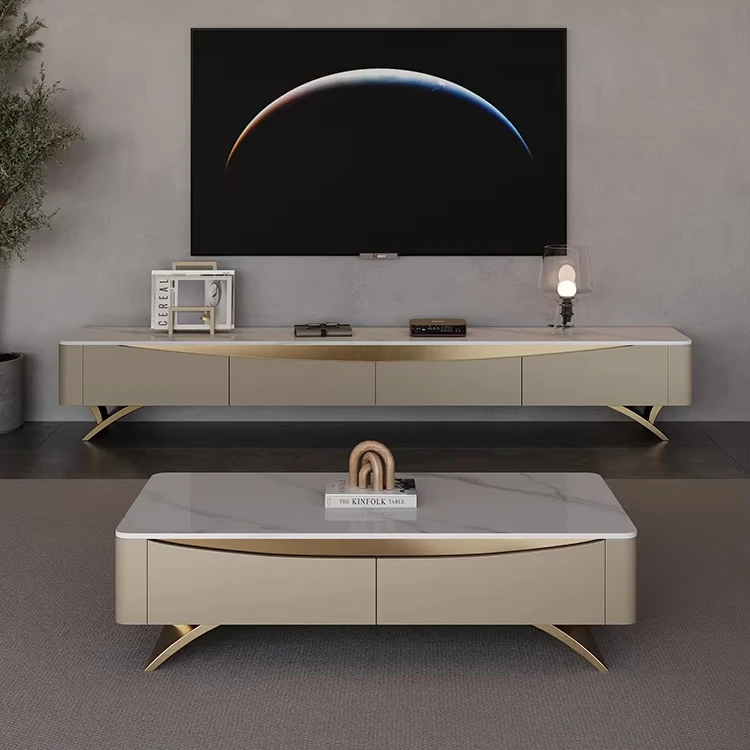 

Luxury Modern Simple Rock Board Solid Wood Coffee Table TV Stand Combination for Small Living Room Apartment High-End Furniture