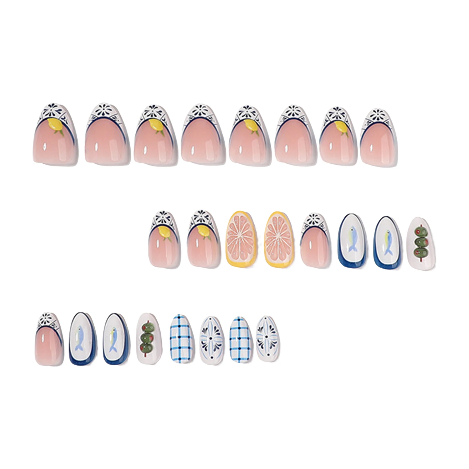 24Pcs Press On Nails Resin Short Almond False Nail Set for Summer Beach Daily Wear Glossy Jelly Fish Lemon Manicure Kit