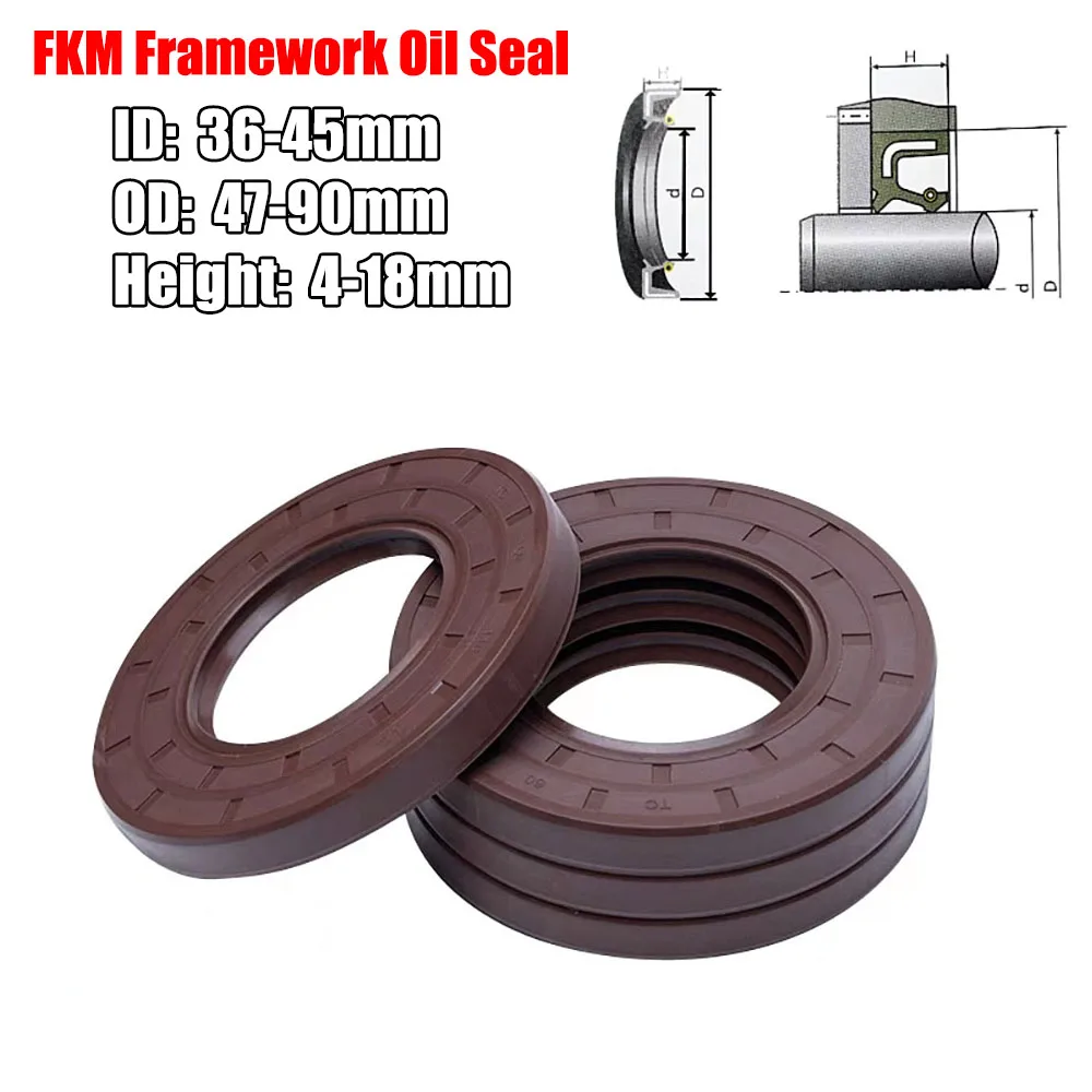 ID:36-45mm OD:47-90mm H:4-18mm FKM Framework Oil Seal Fluoro Rubber Gasket Rings Cover Double Lip With Spring for Bearing Shaft