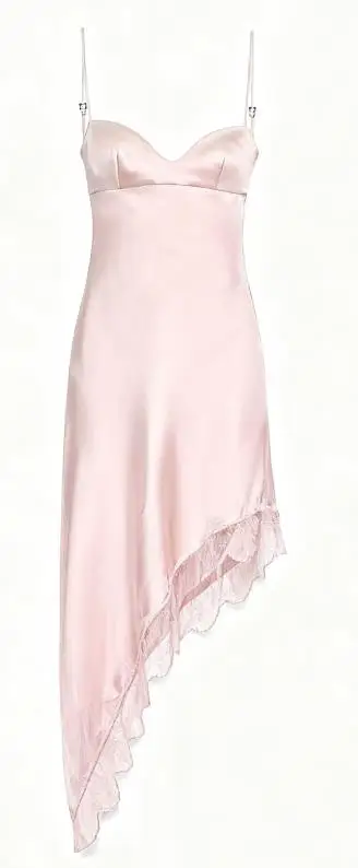 Women Lace Trim Cami Dress Slim Solid V Neck Spaghetti Strap Asymmetrical Babydoll Dress for Daily Party