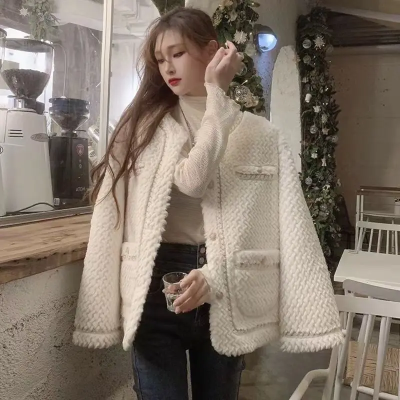 Women\'s Faux Fur Coat, Loose, Monochromatic, Short Lamb Wool Outwear, Casual, Round Collar, Thick, Warm, Female Fashion, Winter