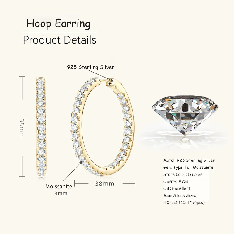 Ehhai GRA Certified Round Cut Moissanite Big Hoop Earrings for Women S925 Sterling Silver Clip Earring Fine Jewelry Pendientes