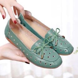 2022 Summer Mom Cowhide Leather Moccasins Woman Slip On Wedges Shoes Designer Breathable Hollow Out Bowtie Ballet Flats