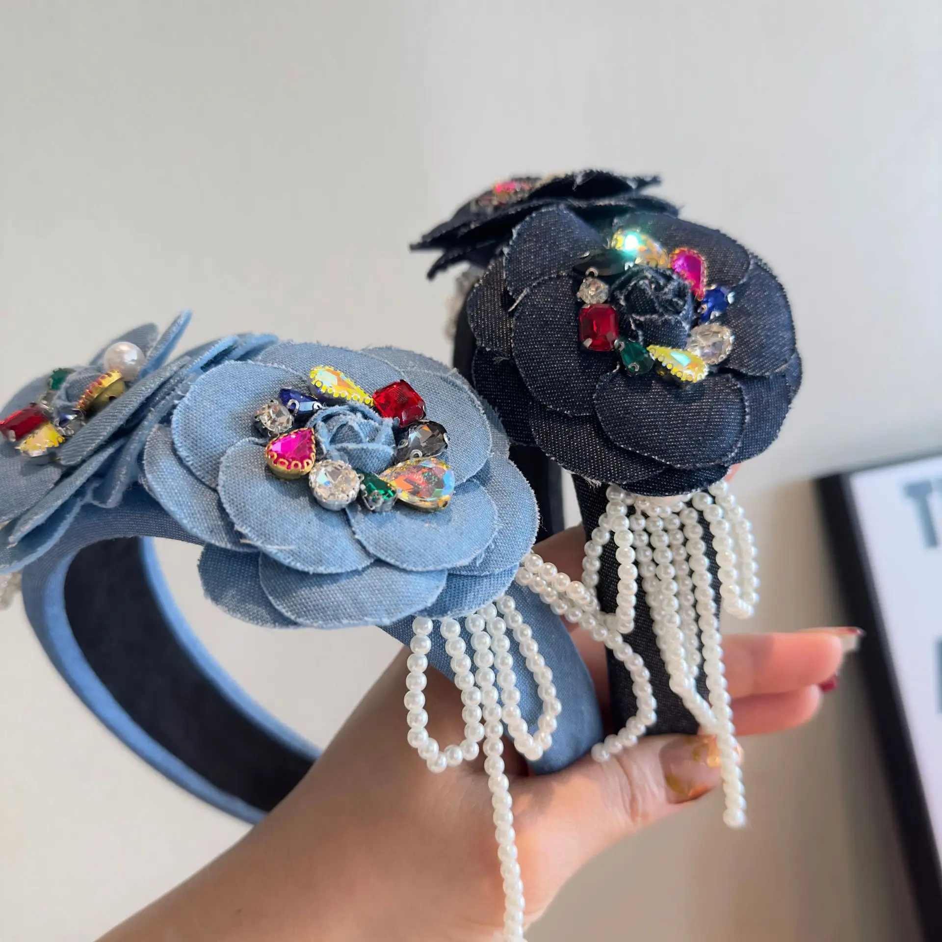 Denim Wide No-Slip Fashion Boho Turban Elastic Headbands Blue Jean Top Flowers Headbands for Women and Girls Wholesale