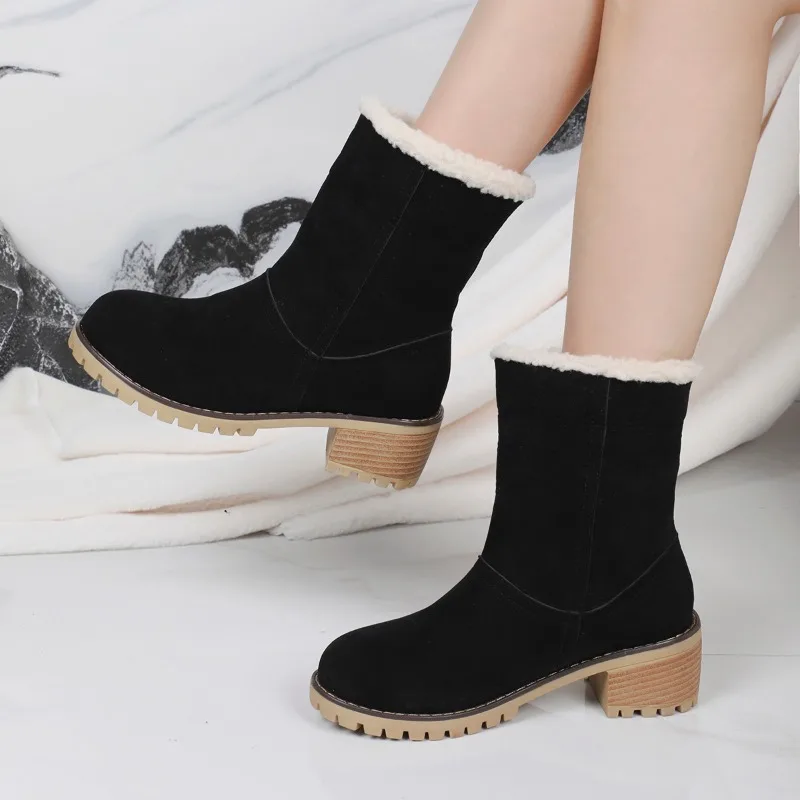 Women's Shoes 2024 Hot Sale Slip on Women's Boots Winter Round Toe Solid Flock Plush Warm Comfortable Mid Heel Short Boots