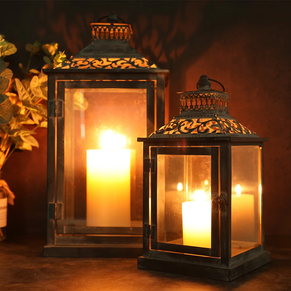 Set of Two Antique Grey Metal Vintage Square Style Hanging Candle Lantern Metal Candle Holder for Home Wedding Decor