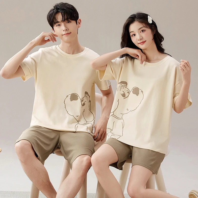 Pass time summer thin women men's Pama short sleeve home wear couple cute top and bottom set SE1329-1330