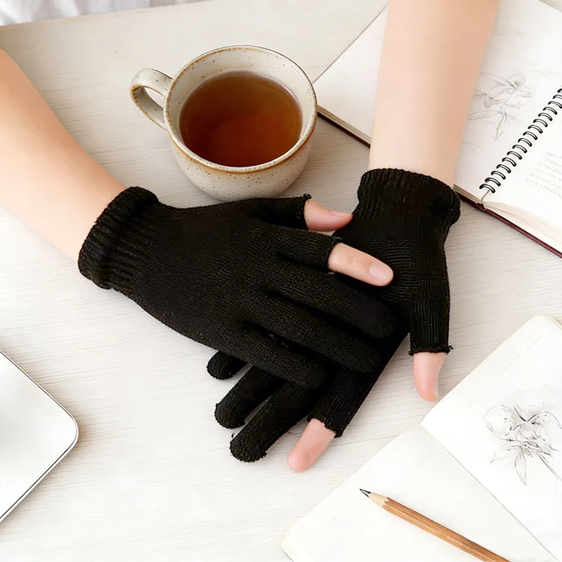 Autumn and Winter Warm and Cold-Proof Knitted Touch Screen Gloves for Men and Women with Two-Finger Exposed Design