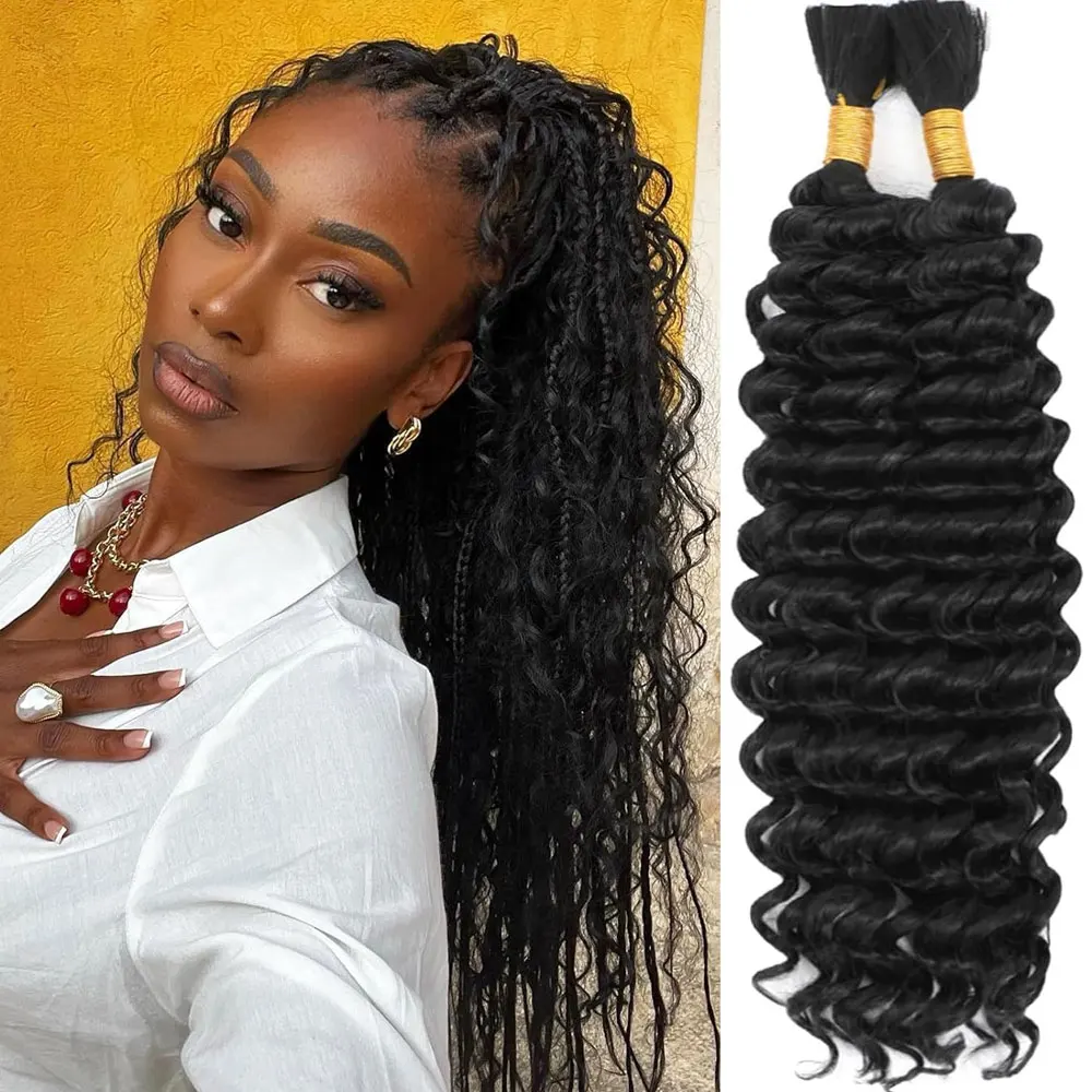 

100% Human Hair 110g 28 Inch Curly Boho Hair for Braiding Knotless 12A Deep Wave Bulk Bohemian 2 Bundles/Pack Natural Color