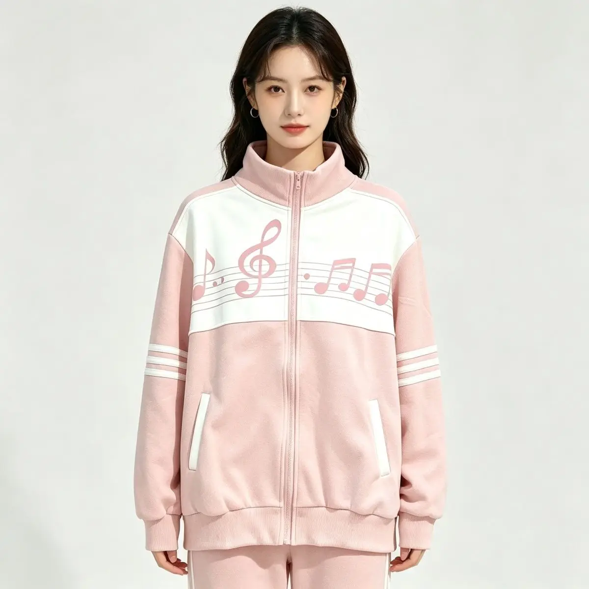 Coquette Preppy Streetwear Women Music Note Print Two Tone Stand Collar Zip Up Jacket Oversized Pockets Casual Campus Outfit