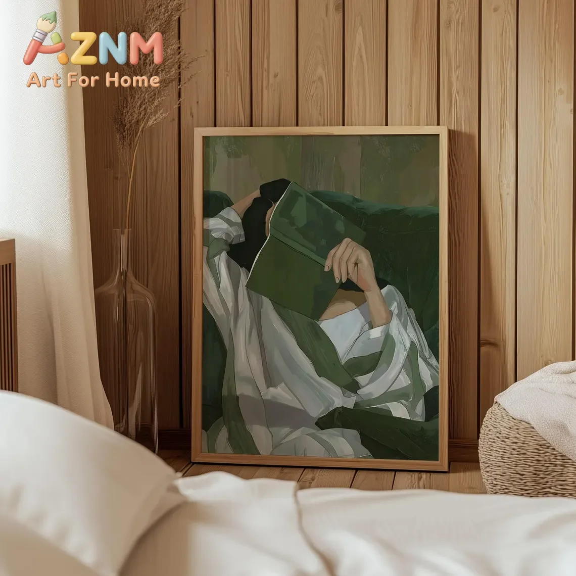 Emerald Green Reading Woman Wall Art Large Abstract People Poster Cozy Striped Art Portrait Minimalist Contemporary Digital Down
