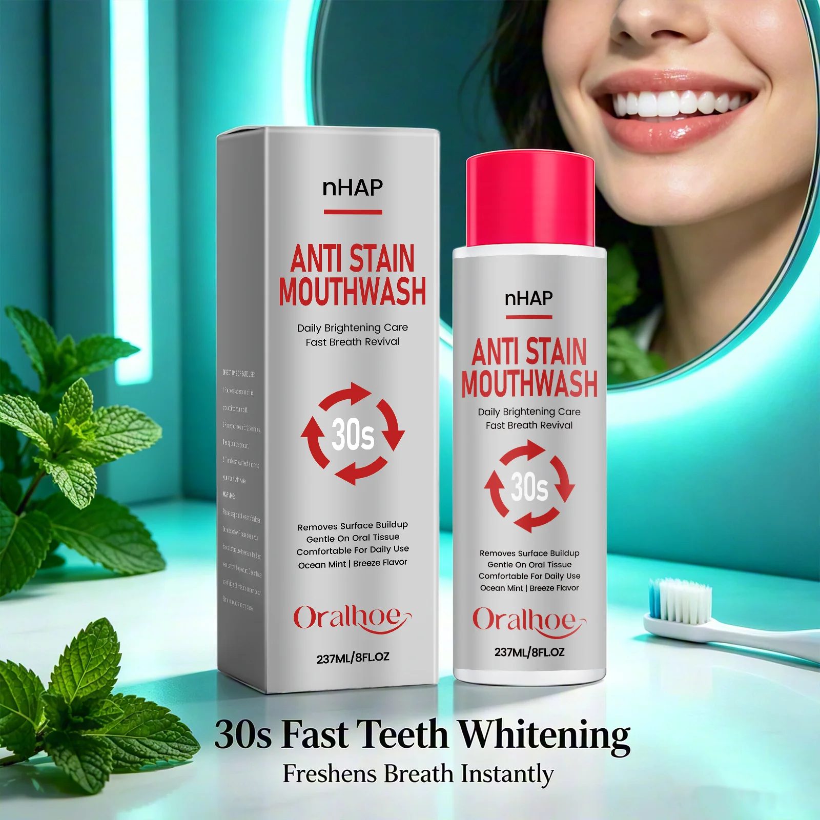 Bain de bouche Oralhoe anti-taches pour les dents, élimine les restes de nourriture, soin contre la mauvaise haleine, éclaircit et blanchit les dents, 237 ml