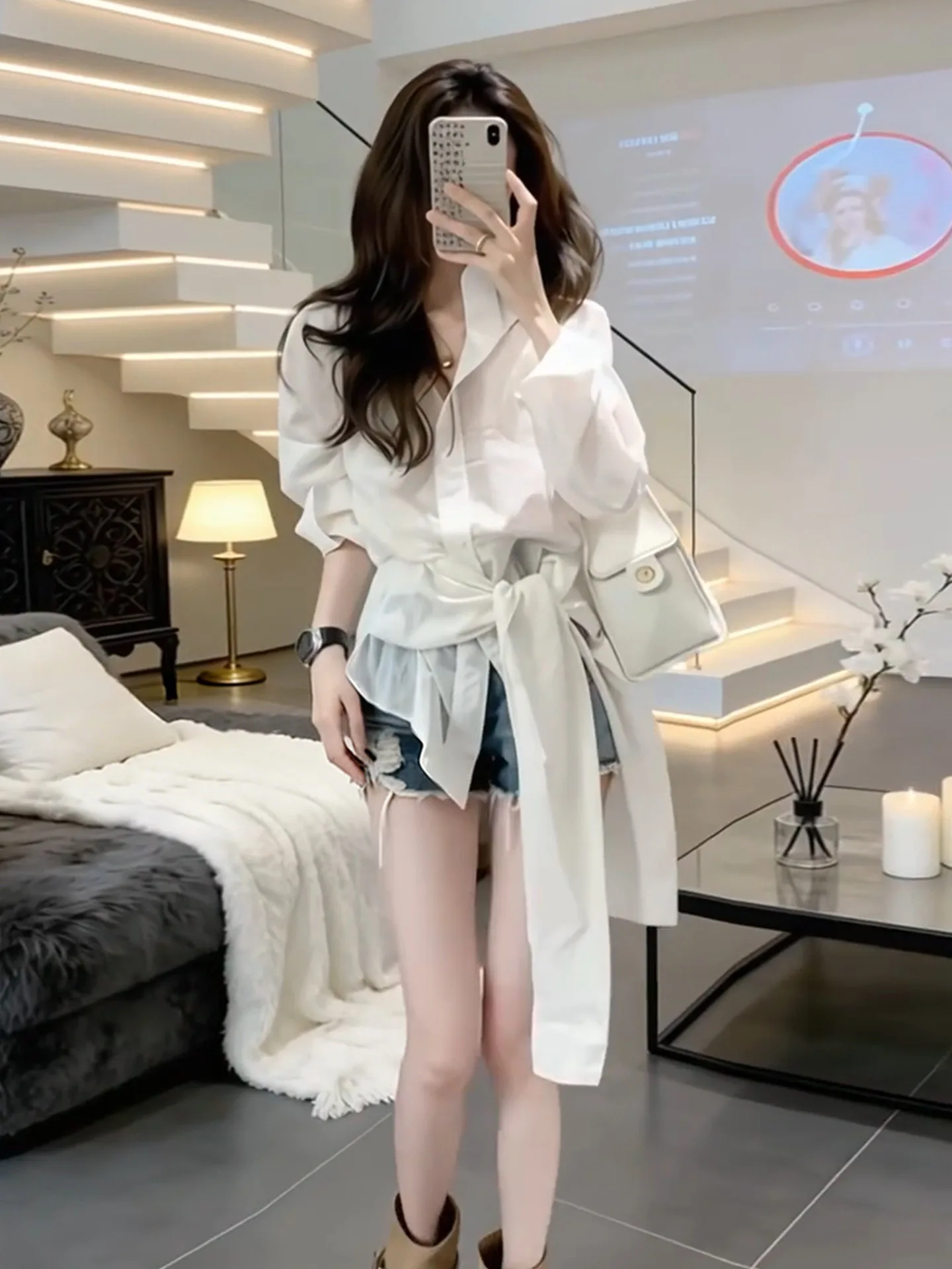 

Elegant White Long Sleeve Waist-Cinching Belted Shirt Women's Fashion Spring 2026 New Arrival Unique High-End Feel Top