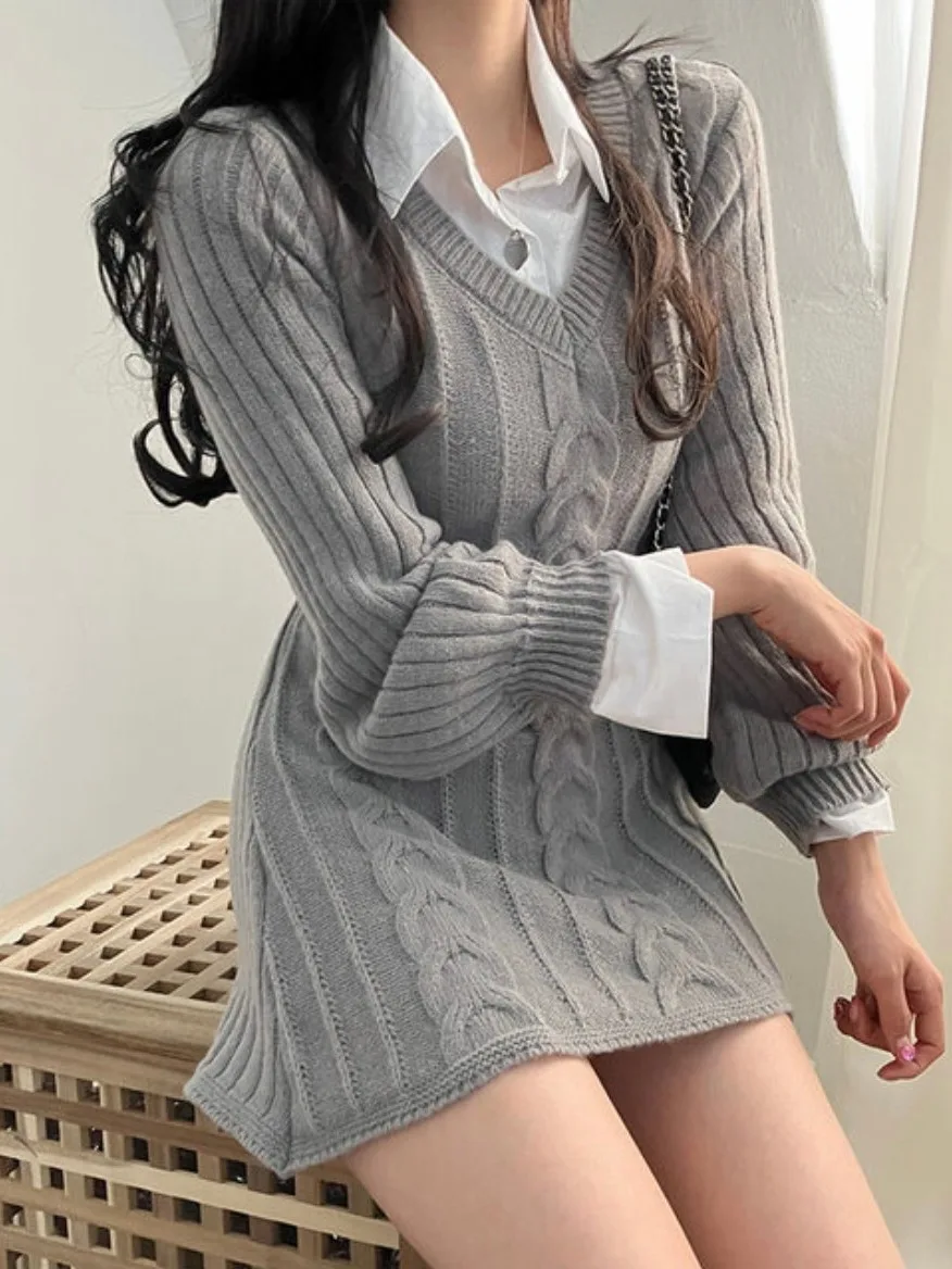 

Faionable Knitted V-Ne Slim Fit Dr Women's Ele Thin Belted ort Sweater Dr French Sle Polyester Fiber