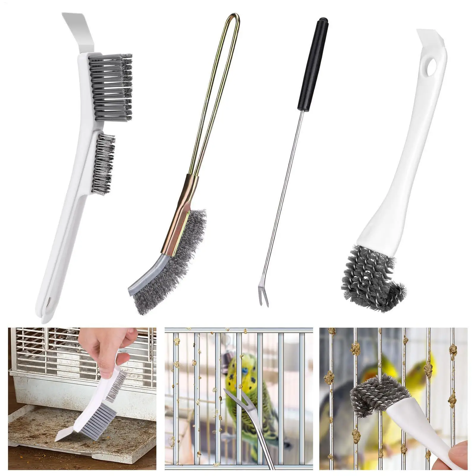 Bird Cage Cleaner Brush 4 Pack Long Handle Ergonomic Reusable Scraper Set Feeder Aviary Grille Kitchen BBQ Cleaning Tool
